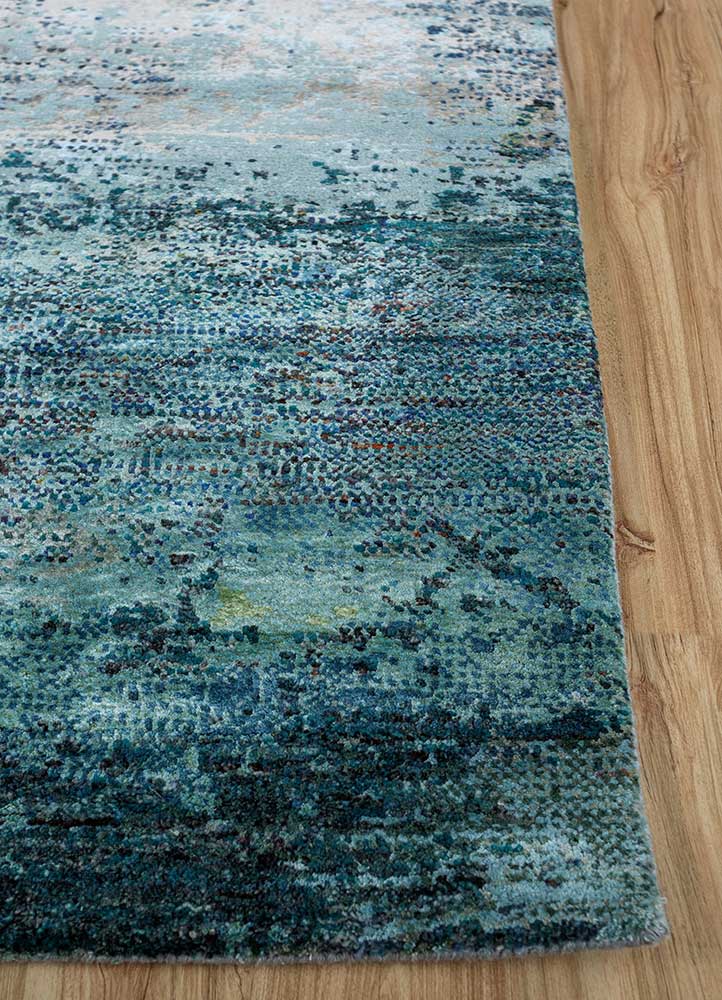 afterglow by kavi blue wool and bamboo silk Hand Knotted Rug - Corner