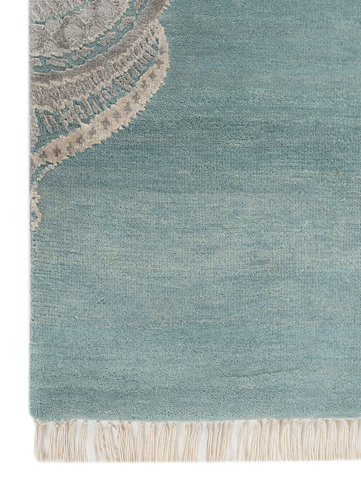 khidki blue wool and bamboo silk Hand Knotted Rug - Corner