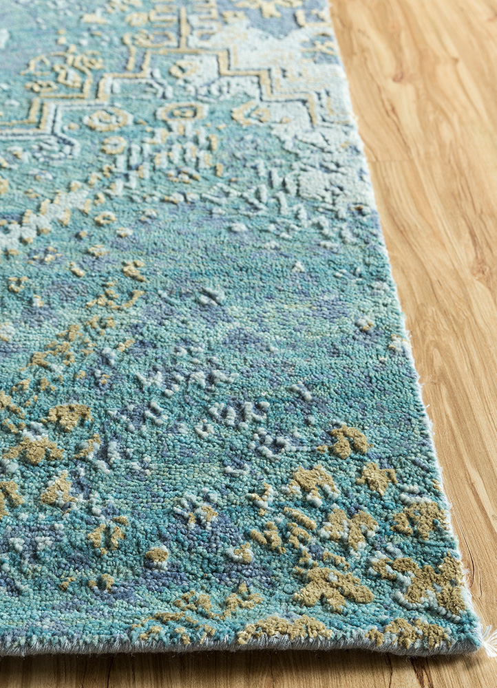 far east blue wool and silk Hand Knotted Rug - Corner