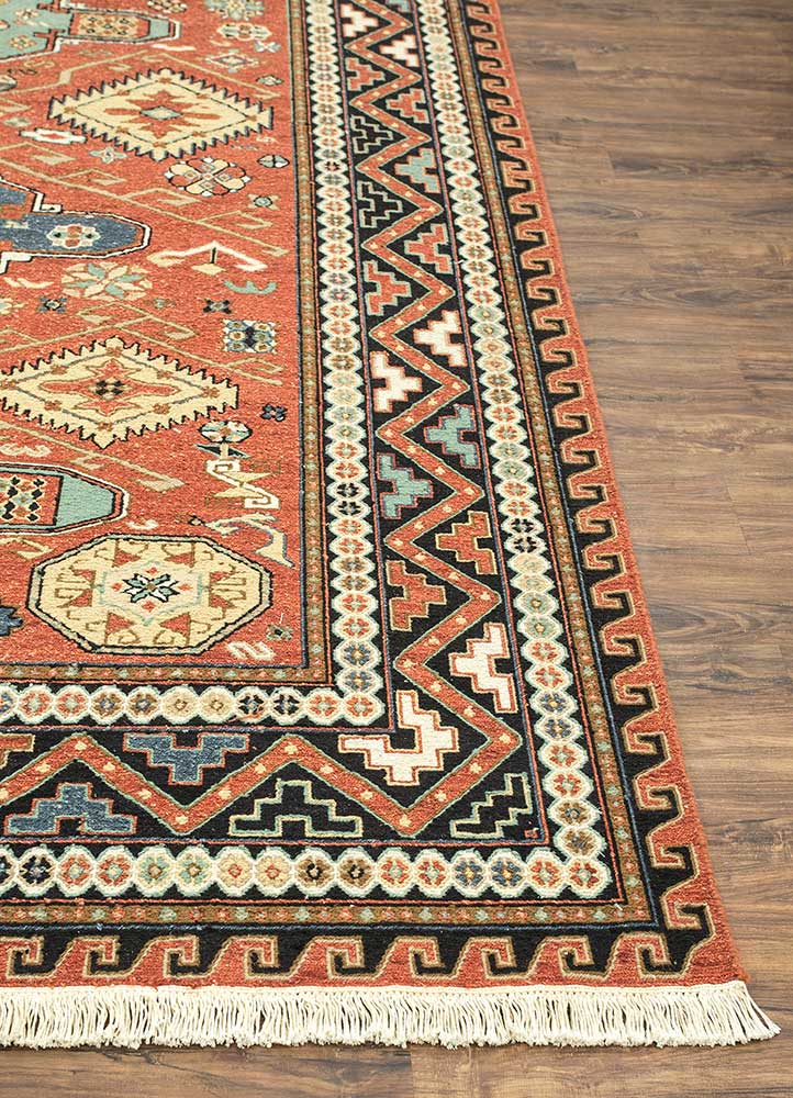 savana red and orange wool Hand Knotted Rug - Corner