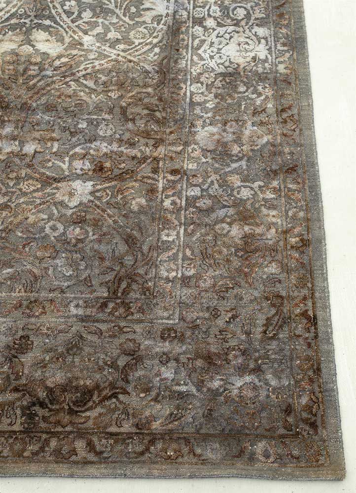 far east beige and brown wool and silk Hand Knotted Rug - Corner