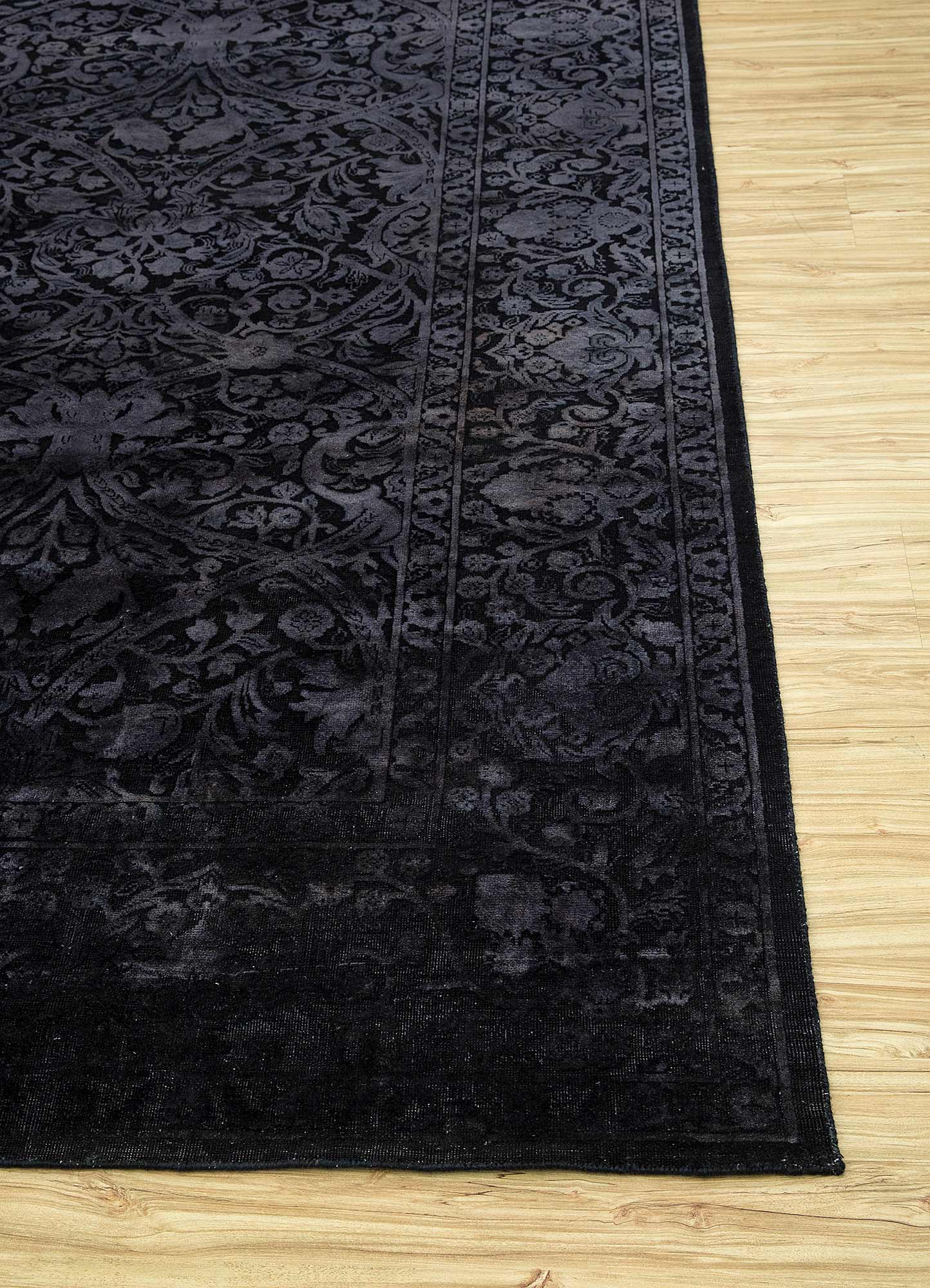 far east grey and black wool and silk Hand Knotted Rug - Corner