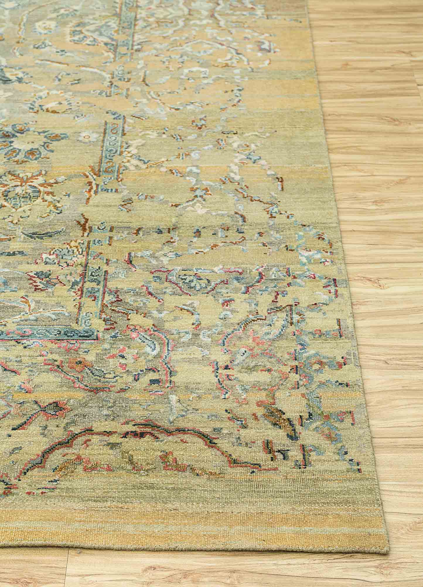 far east beige and brown wool and silk Hand Knotted Rug - Corner