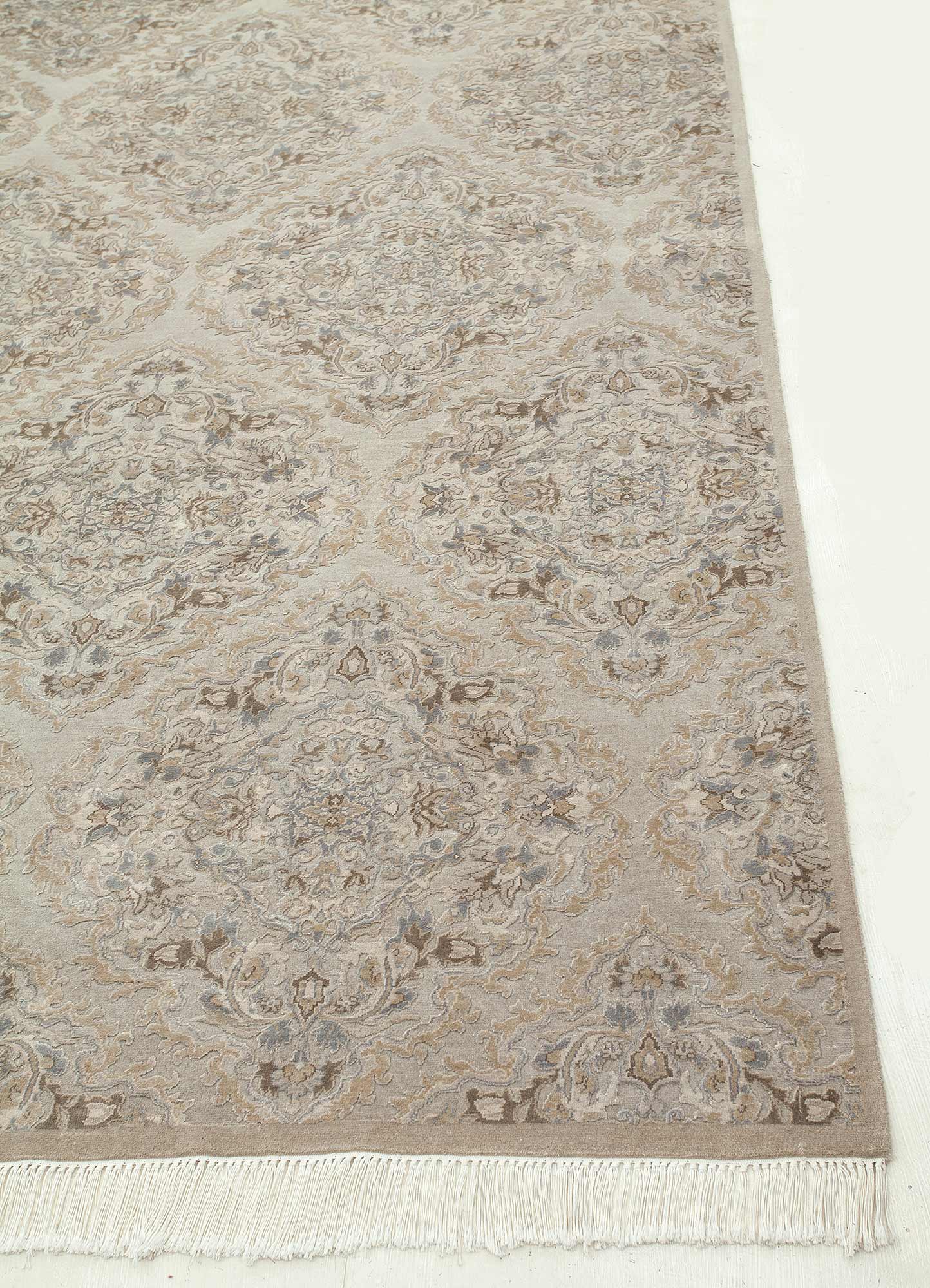 pansy ivory wool and silk Hand Knotted Rug - Corner