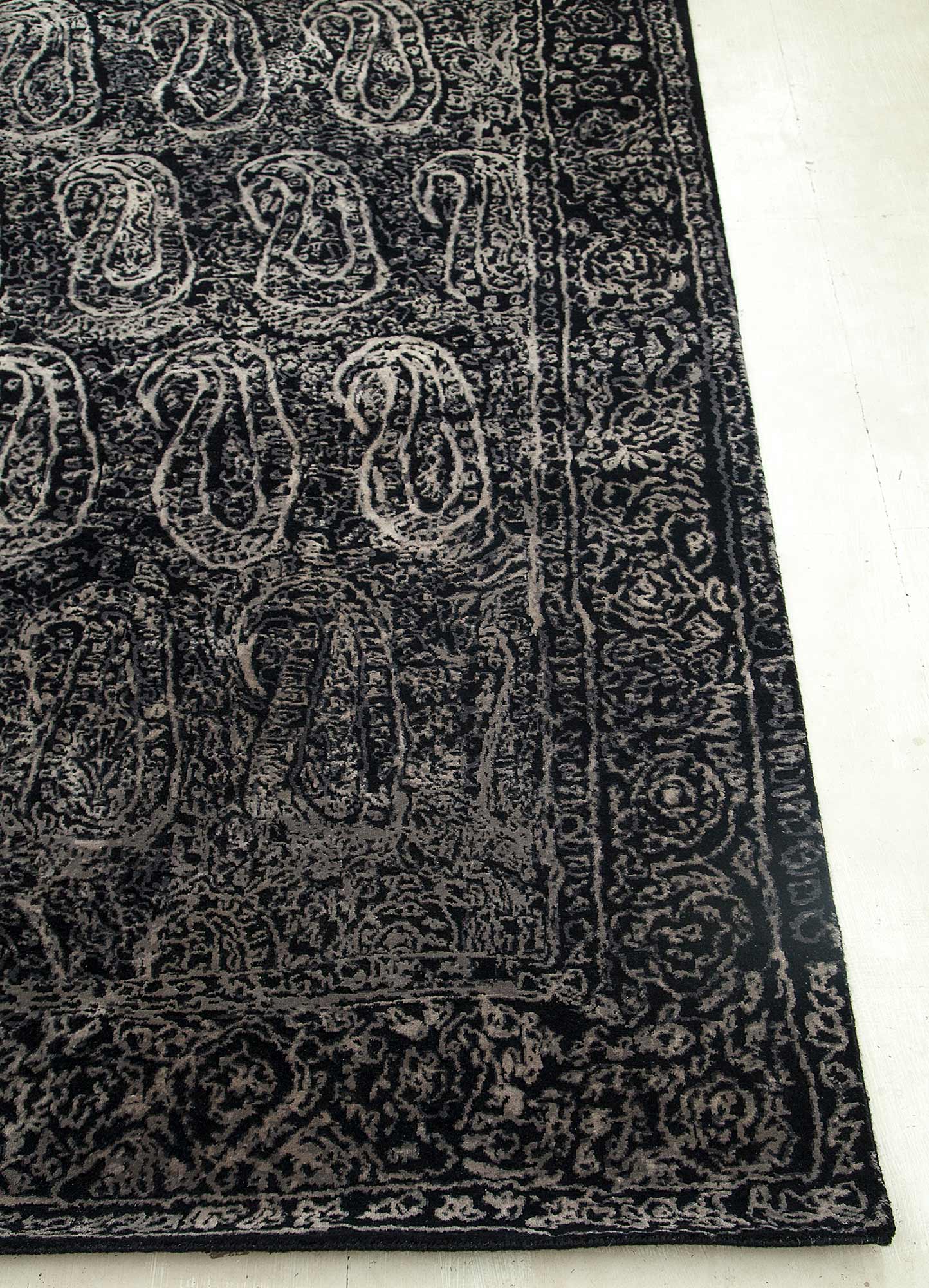 free verse by kavi grey and black wool and silk Hand Knotted Rug - Corner