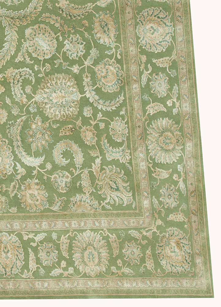 aurora green wool and silk Hand Knotted Rug - Corner