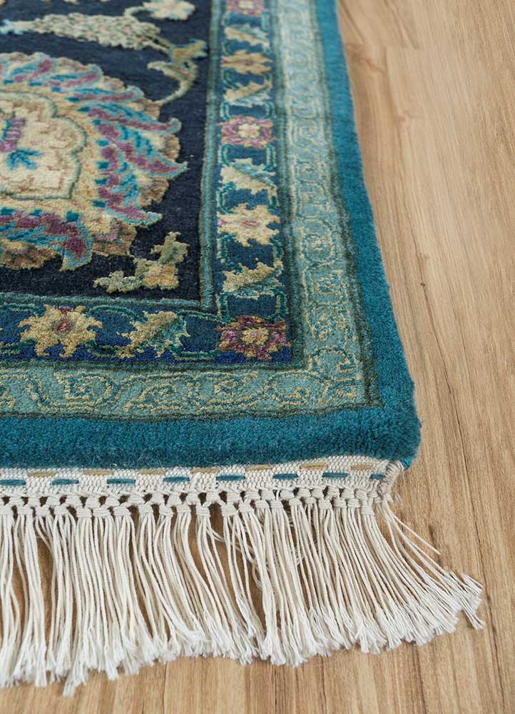 aurora blue wool and silk Hand Knotted Rug - Corner