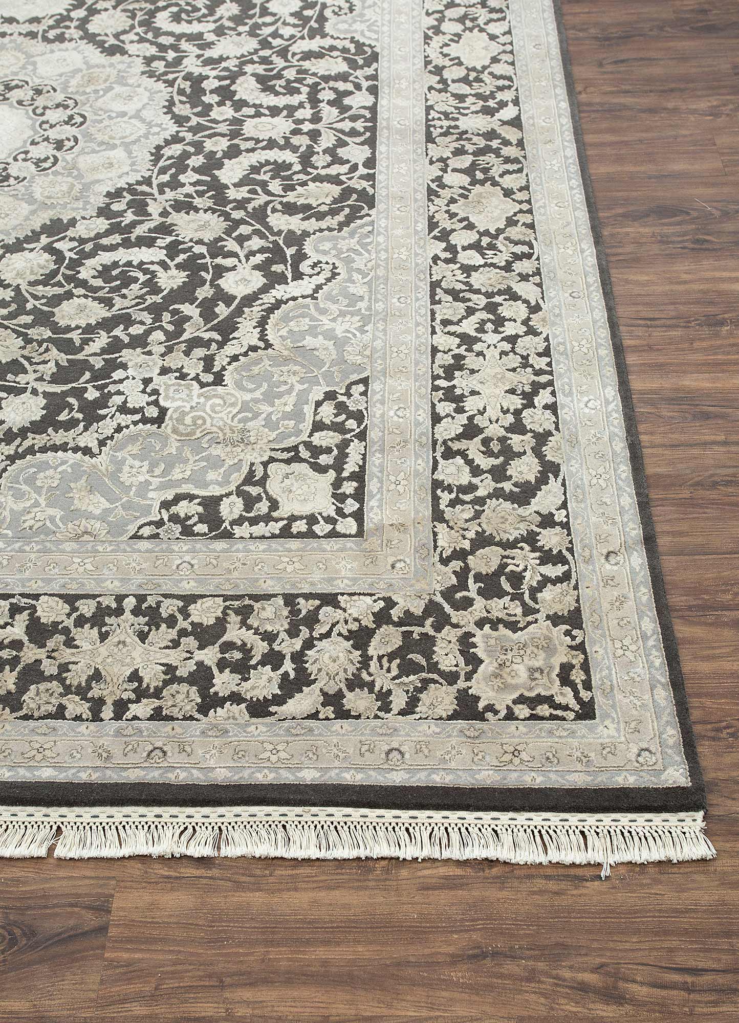 aurora grey and black wool and silk Hand Knotted Rug - Corner