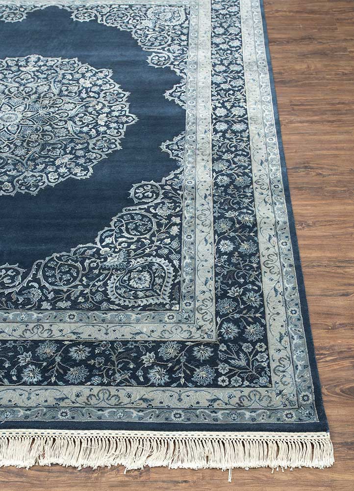 aurora blue wool and silk Hand Knotted Rug - Corner