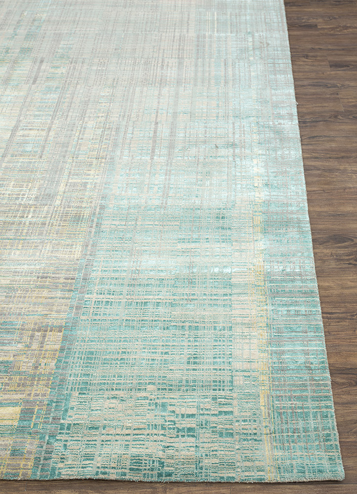 unstring by kavi green wool and bamboo silk Hand Knotted Rug - Corner