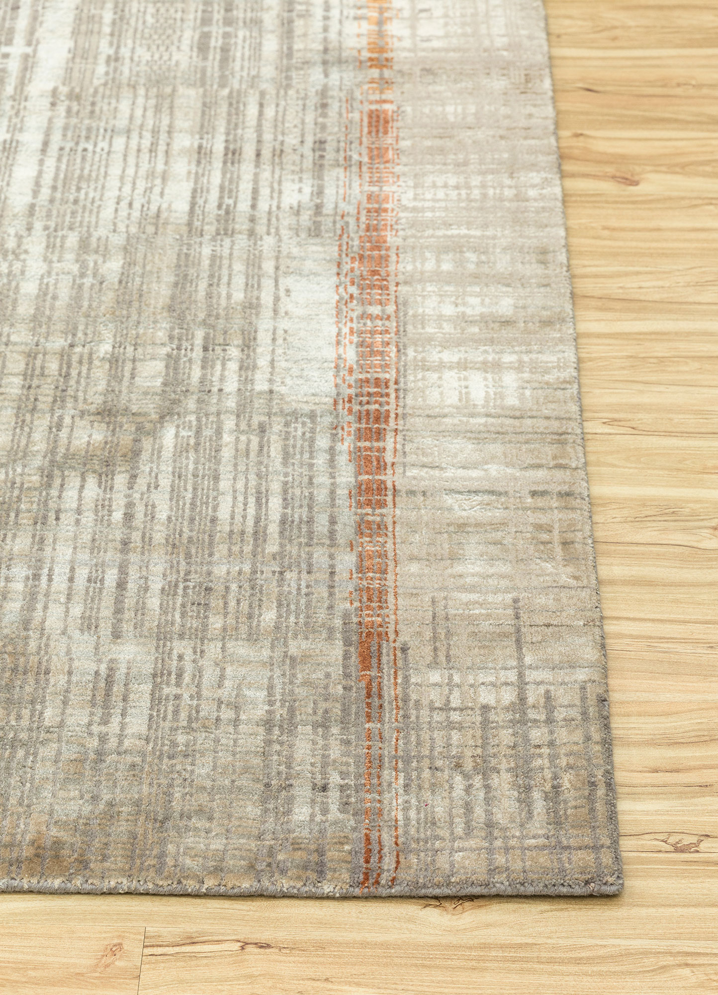 unstring by kavi beige and brown wool and bamboo silk Hand Knotted Rug - Corner