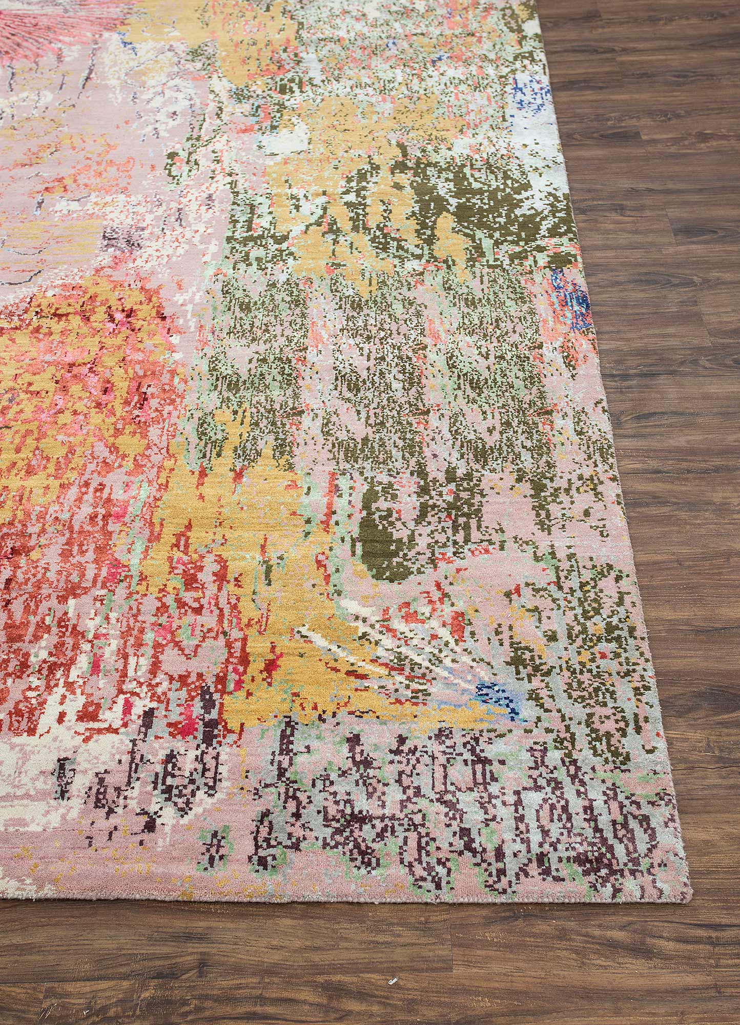 unstring by kavi pink and purple wool and bamboo silk Hand Knotted Rug - Corner
