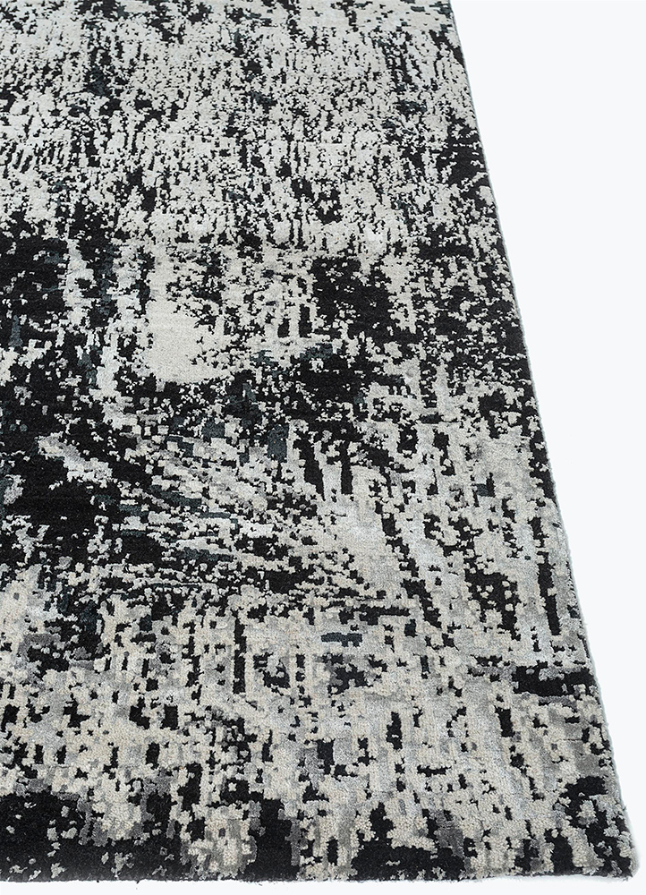 unstring by kavi grey and black wool and bamboo silk Hand Knotted Rug - Corner