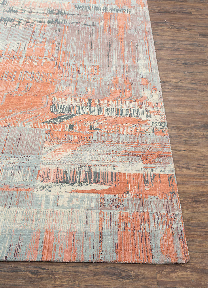 unstring by kavi red and orange wool and bamboo silk Hand Knotted Rug - Corner