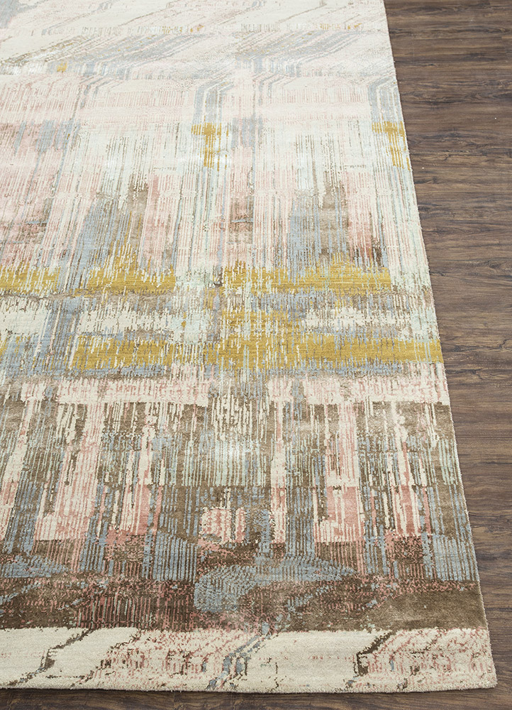 unstring by kavi beige and brown wool and bamboo silk Hand Knotted Rug - Corner