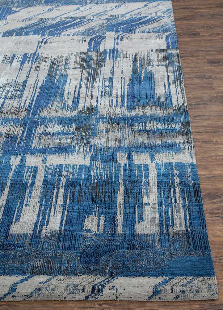 unstring by kavi blue wool and bamboo silk Hand Knotted Rug - Corner