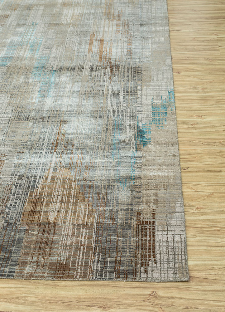 unstring by kavi beige and brown wool and bamboo silk Hand Knotted Rug - Corner