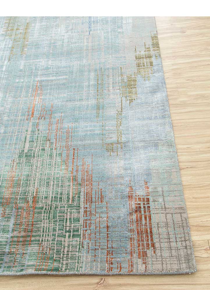 unstring by kavi blue wool and bamboo silk Hand Knotted Rug - Corner