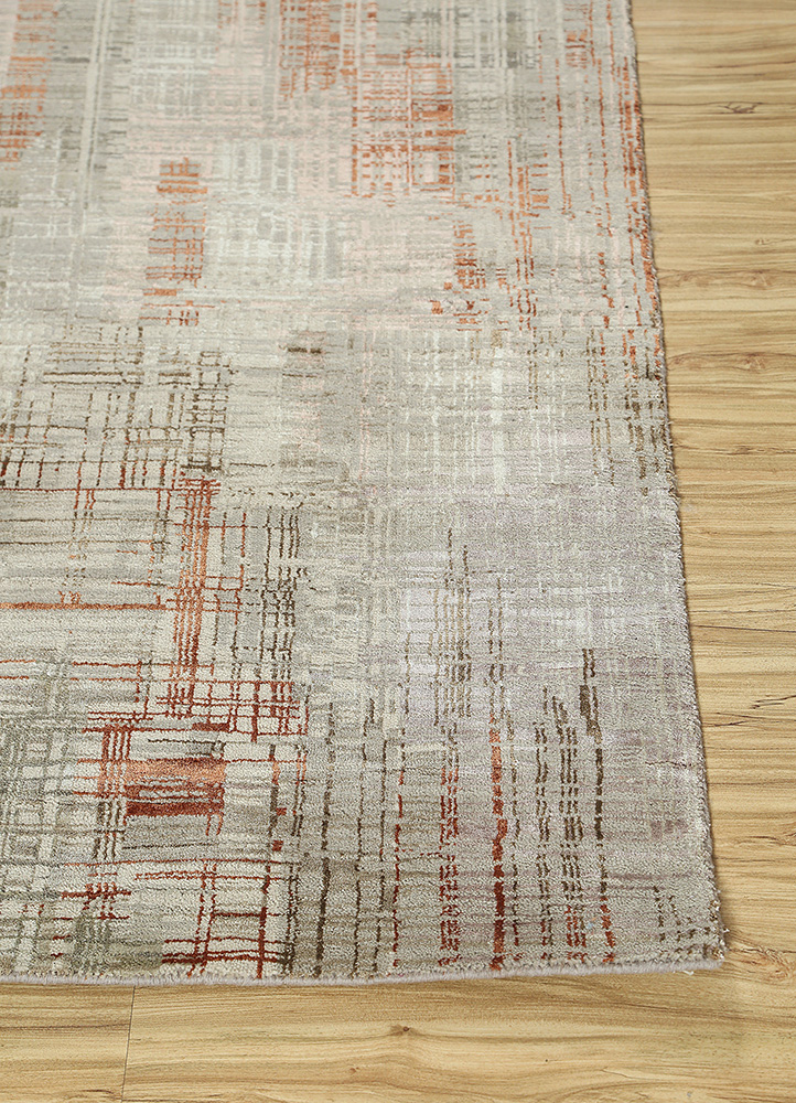 unstring by kavi beige and brown wool and bamboo silk Hand Knotted Rug - Corner