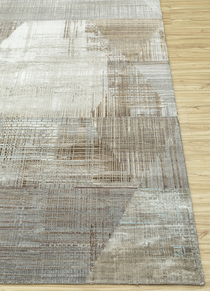 unstring by kavi beige and brown wool and bamboo silk Hand Knotted Rug - Corner