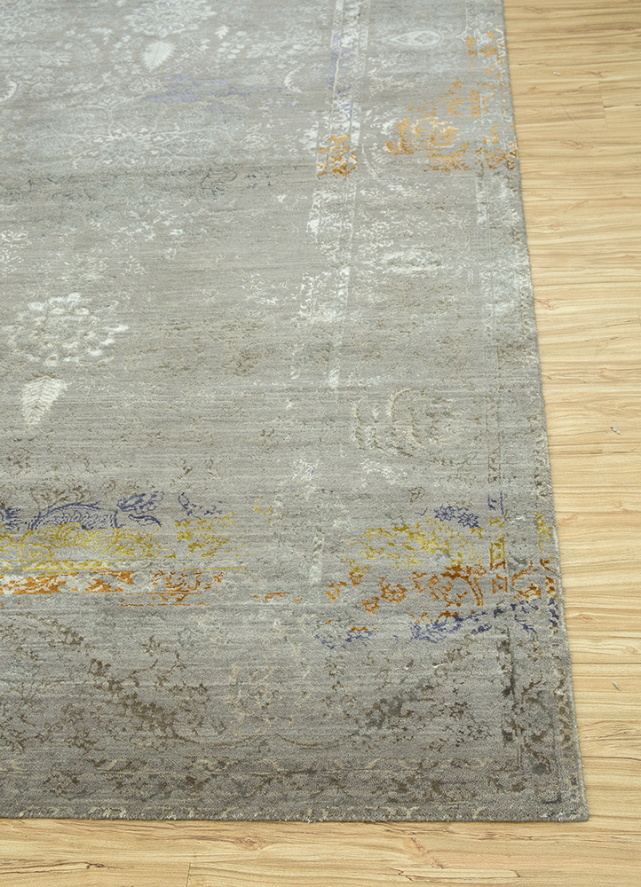 far east grey and black wool and bamboo silk Hand Knotted Rug - Corner