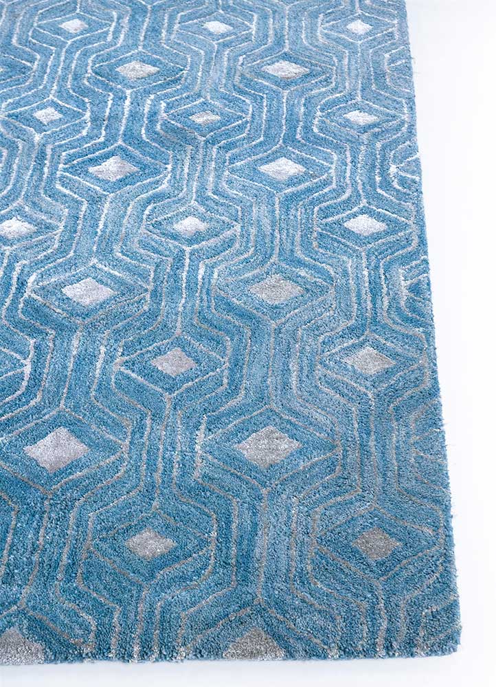 contour blue wool and viscose Hand Tufted Rug - Corner