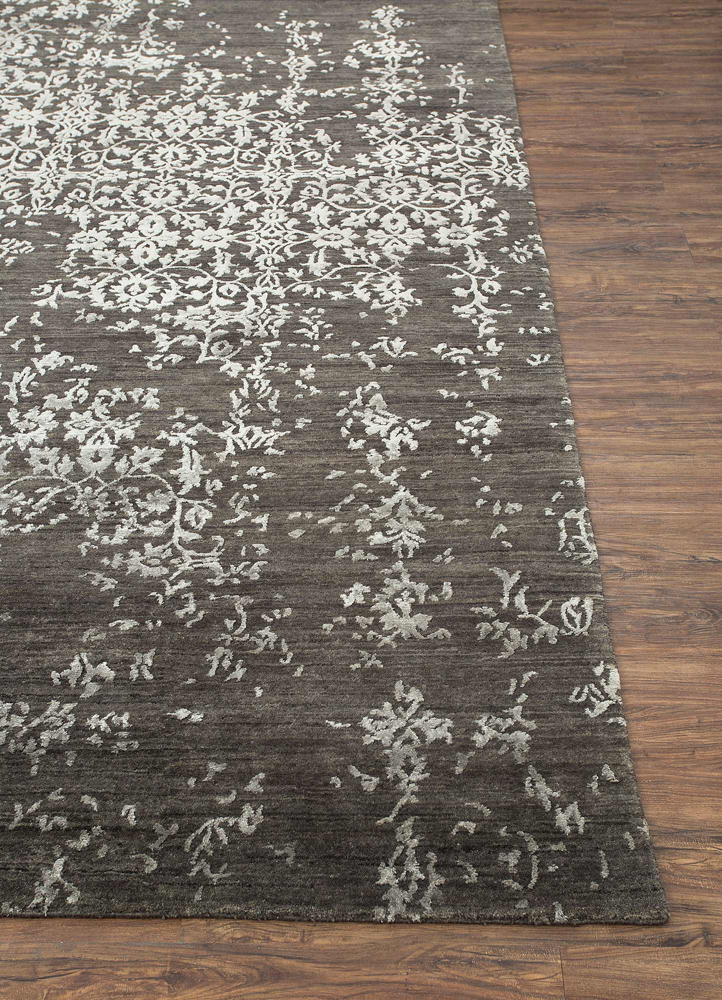 far east grey and black wool and viscose Hand Knotted Rug - Corner