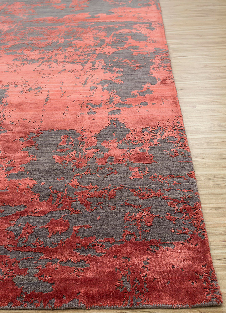 chaos theory by kavi red and orange wool and bamboo silk Hand Knotted Rug - Corner