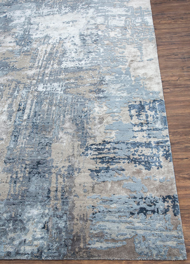 chaos theory by kavi blue wool and bamboo silk Hand Knotted Rug - Corner