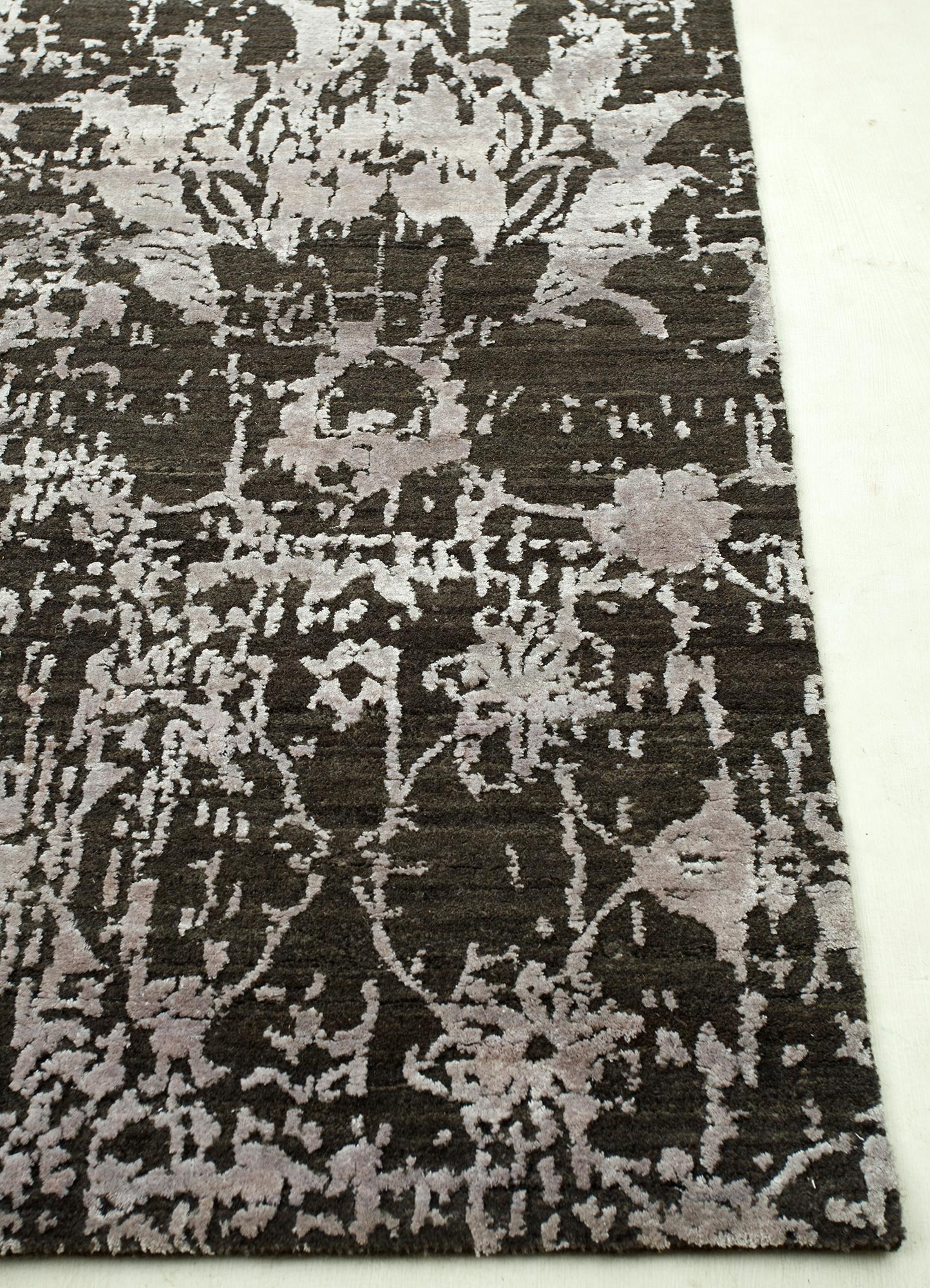 chaos theory by kavi grey and black wool and bamboo silk Hand Knotted Rug - Corner