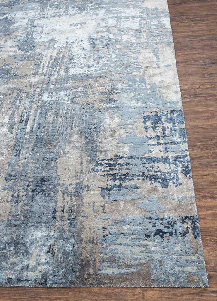 chaos theory by kavi blue wool and bamboo silk Hand Knotted Rug - Corner