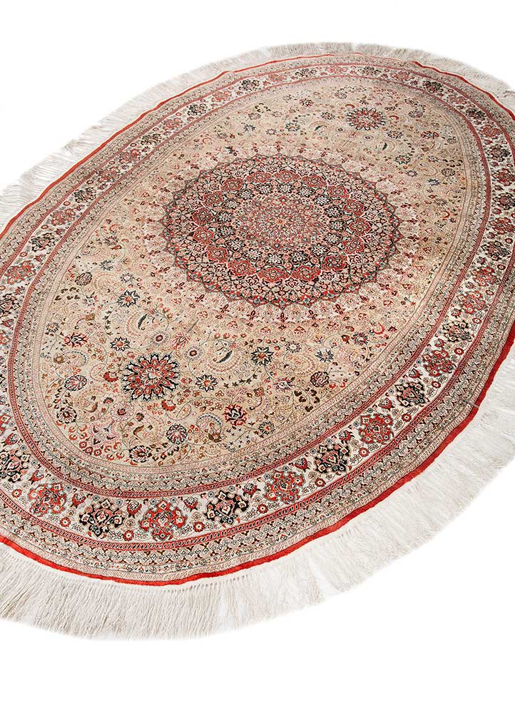 aalam red and orange silk Hand Knotted Rug - FloorShot