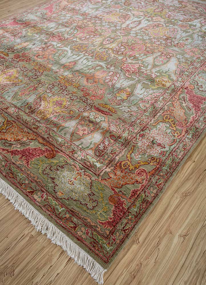 cyanna green wool and silk Hand Knotted Rug - FloorShot