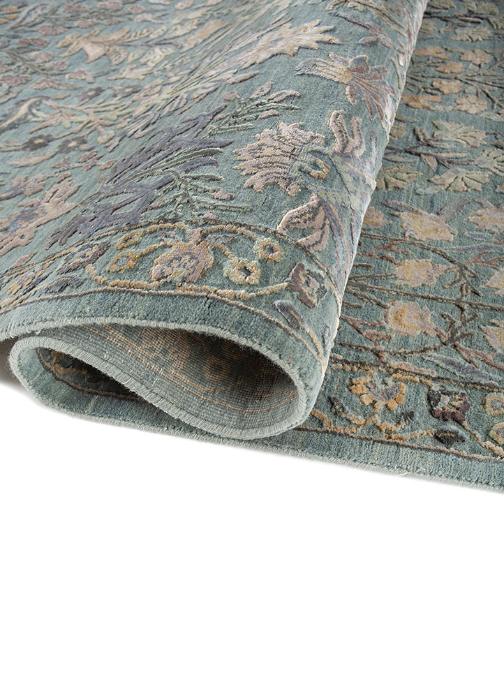 far east blue wool and silk Hand Knotted Rug - FloorShot