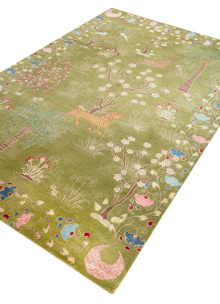 majnun green wool and silk Hand Knotted Rug - FloorShot