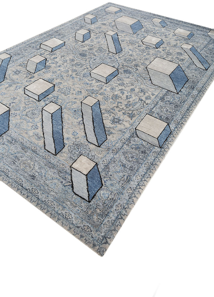 playing with tradition blue wool and silk Hand Knotted Rug - FloorShot playing with tradition blue wool and silk Hand Knotted Rug - FloorShot