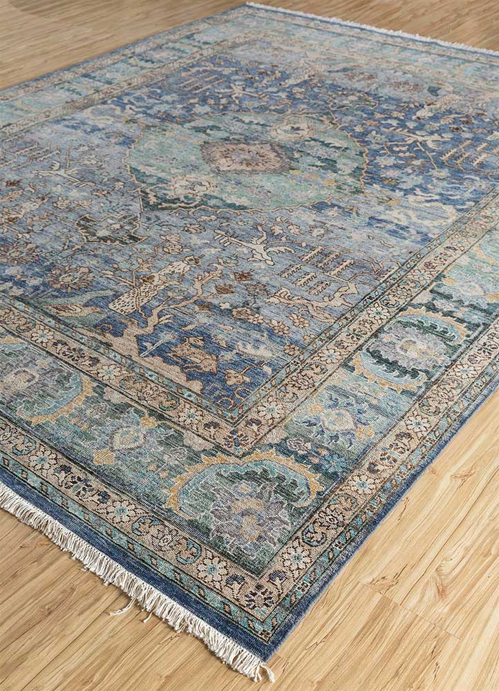 someplace in time blue wool Hand Knotted Rug - FloorShot