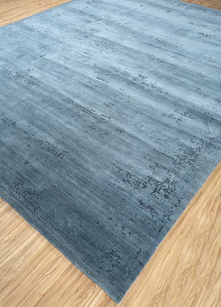 urban pause by kavi blue wool and silk Hand Knotted Rug - FloorShot