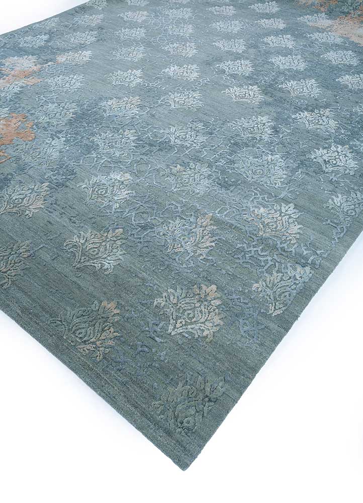 inde rose blue wool and silk Hand Knotted Rug - FloorShot