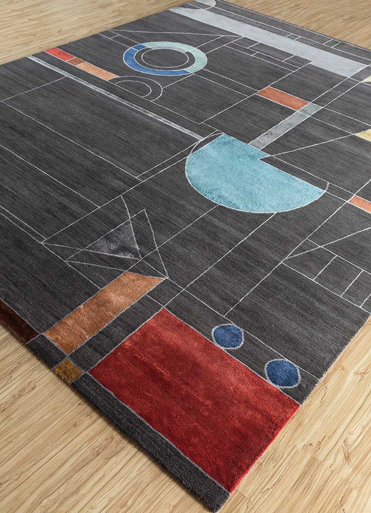 aakar by kavi grey and black wool and bamboo silk Hand Knotted Rug - FloorShot