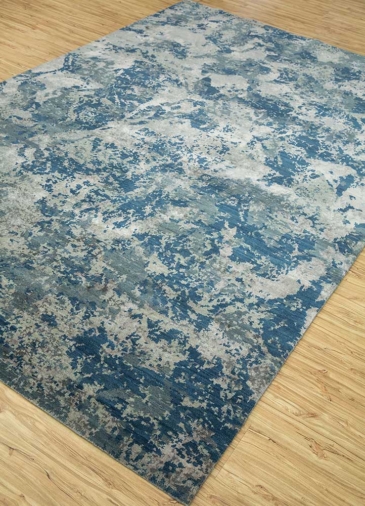 chaos theory by kavi blue wool and bamboo silk Hand Knotted Rug - FloorShot