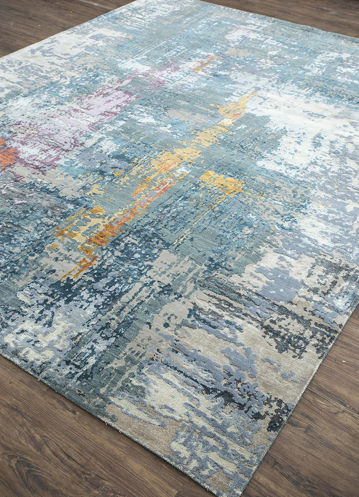 chaos theory by kavi blue wool and bamboo silk Hand Knotted Rug - FloorShot