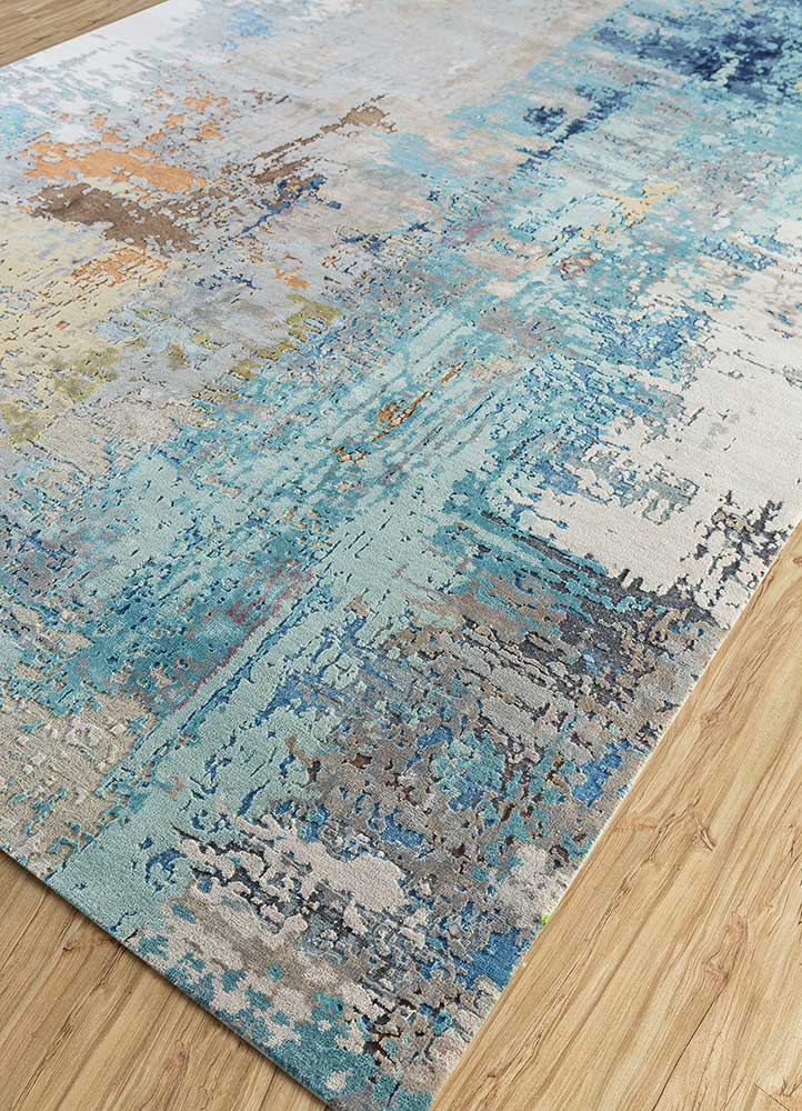 chaos theory by kavi blue wool and bamboo silk Hand Knotted Rug - FloorShot