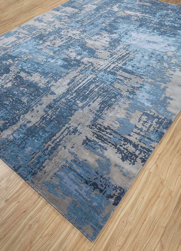 chaos theory by kavi blue wool and bamboo silk Hand Knotted Rug - FloorShot