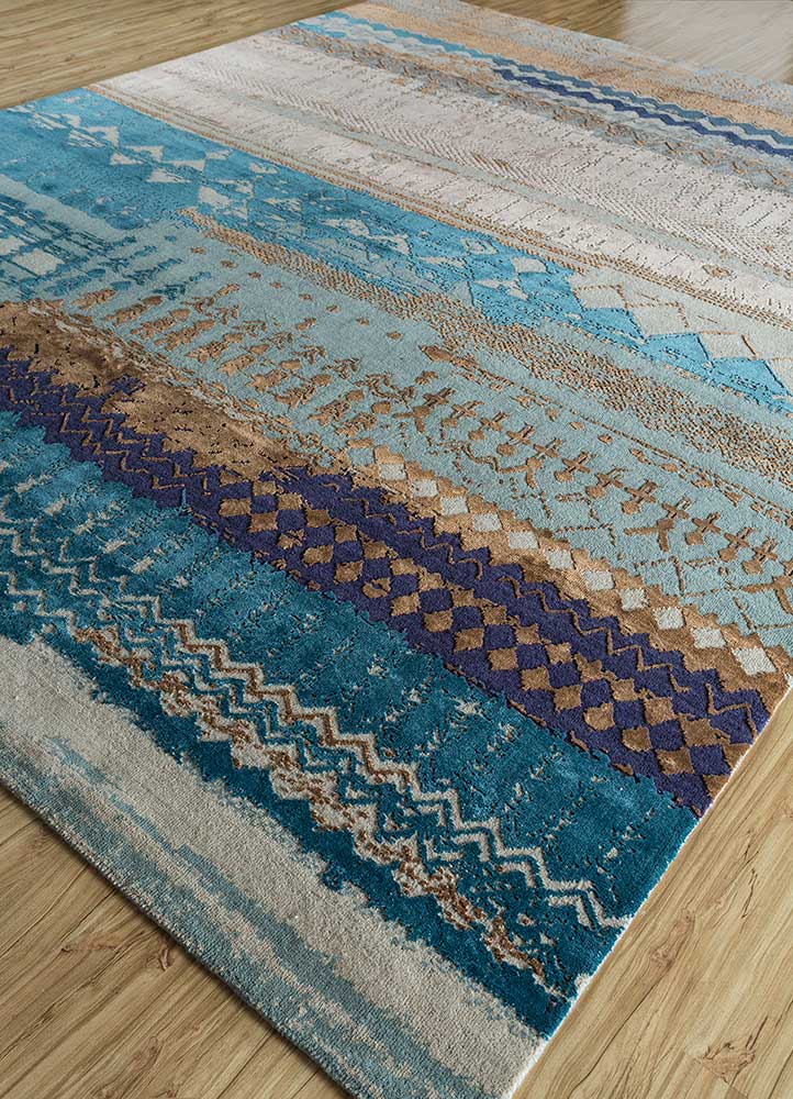 chaos theory by kavi blue wool and bamboo silk Hand Knotted Rug - FloorShot