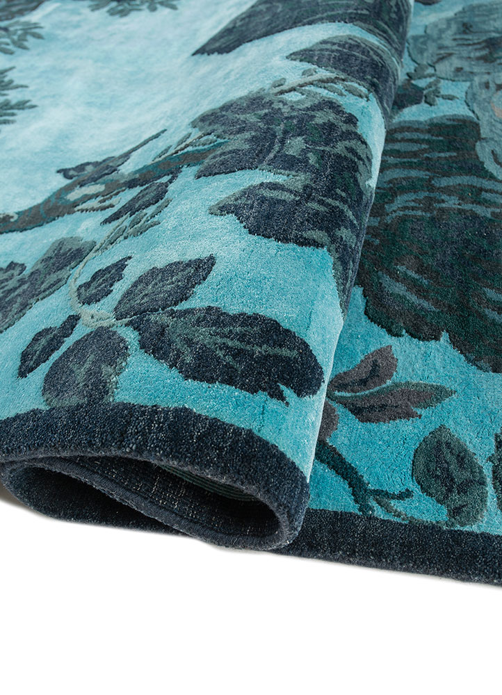 gilded age blue wool and bamboo silk Hand Knotted Rug - FloorShot