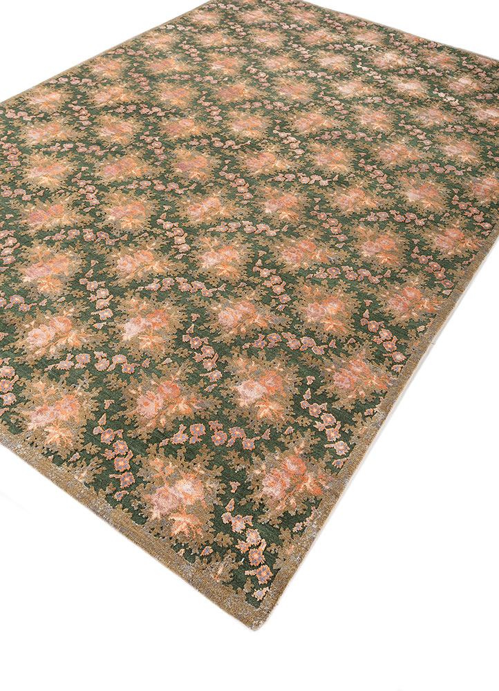 gilded age green wool and bamboo silk Hand Knotted Rug - FloorShot