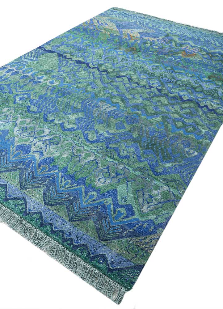 manchaha blue wool and bamboo silk Hand Knotted Rug - FloorShot