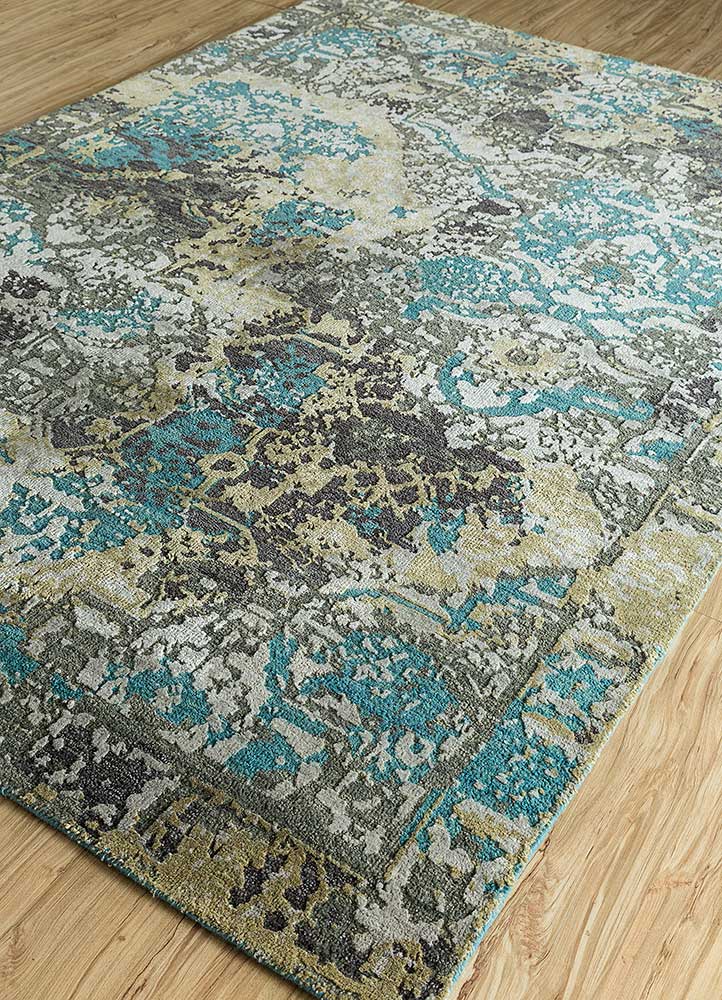 far east blue wool and silk Hand Knotted Rug - FloorShot