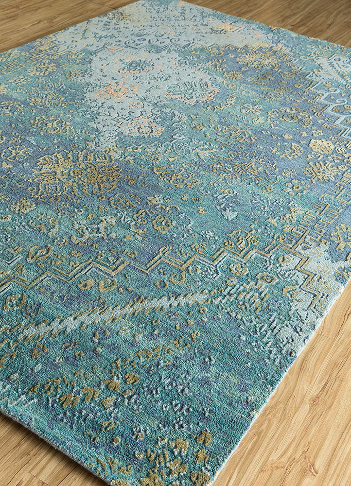 far east blue wool and silk Hand Knotted Rug - FloorShot